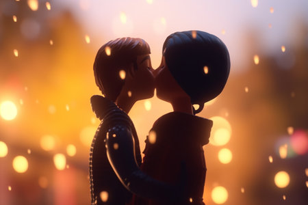 This photorealistic cartoon couple embraces and kisses under romantic lights on a festive eveningの素材