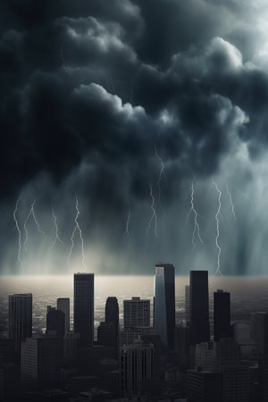 Dark clouds loom over the city skyline as a bank run ensues, with thunder and lightning adding to the tense atmosphere.の素材