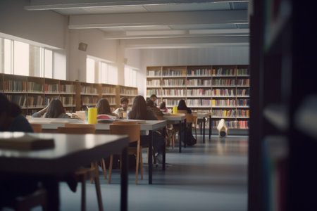 A bright and airy high school library filled with students actively engaged in learning.の素材