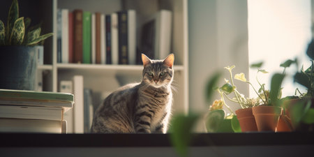 A sleek and stylish cat lounges in a modern apartment surrounded by an impressive book collectionの素材