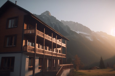 A wide-angle shot of a hostel nestled in the mountainous terrain with breathtaking greeneryの素材