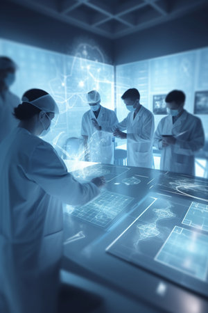 Medical team wearing surgical masks working on medical research in a high-tech laboratoryの素材