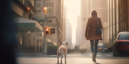 A woman and her dog enjoy a late afternoon stroll amidst towering skyscrapers in the city, bathed in the warm glow of the setting sun.の素材