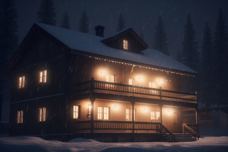 Cozy winter night in a mountain hostel with lights on and snow outsideの素材