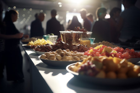 Catering buffet for business conference with blurred professionals in the backgroundの素材