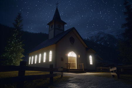 A picturesque mountain chapel or church illuminated at night creates a romantic atmosphere in the mountainsの素材