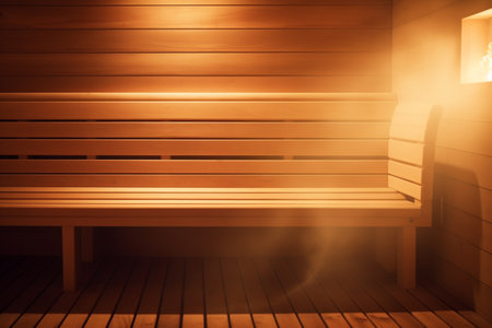 Step into a world of tranquility with this luminous sauna. Sunrays bathe the space in a warm glow, enhancing the natural wood textures.の素材
