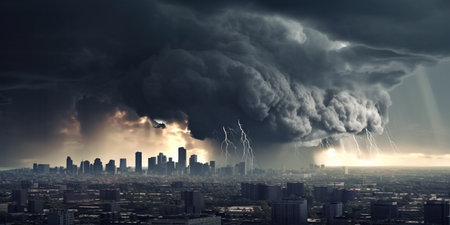 Dark clouds loom over the city skyline as a bank run ensues, with thunder and lightning adding to the tense atmosphere.の素材