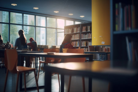 A bright and airy high school library filled with students actively engaged in learning.の素材