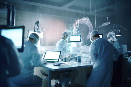 Medical team wearing surgical masks working on medical research in a high-tech laboratoryの素材
