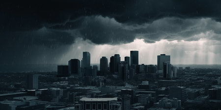 Dark clouds loom over the city skyline as a bank run ensues, with thunder and lightning adding to the tense atmosphere.の素材