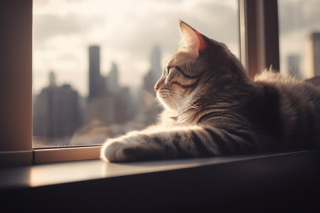A cat sits at a window and looks out at the skyscrapers of a big cityの素材