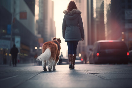 A woman and her dog enjoy a late afternoon stroll amidst towering skyscrapers in the city, bathed in the warm glow of the setting sun.の素材