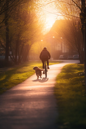 A dog running with its owner on a bike path in the city, pure joy on their facesの素材