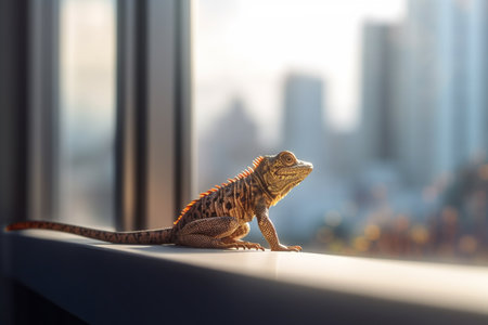 A reptile contemplates the cityscape from a window amidst towering skyscrapers.の素材