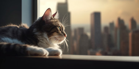 A cat sits at a window and looks out at the skyscrapers of a big cityの素材