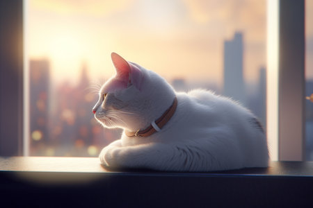A cat sits at a window and looks out at the skyscrapers of a big cityの素材