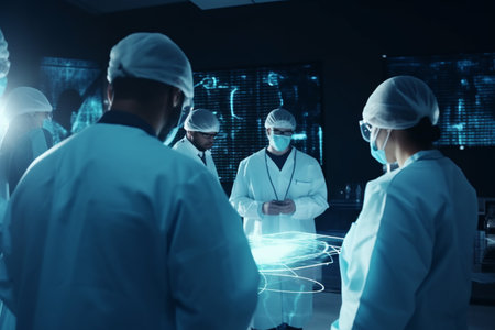 Medical team wearing surgical masks working on medical research in a high-tech laboratoryの素材