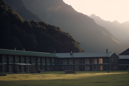A wide-angle shot of a hostel nestled in the mountainous terrain with breathtaking greeneryの素材