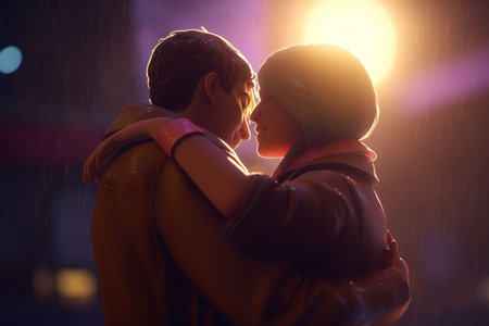 This photorealistic cartoon couple embraces and kisses under romantic lights on a festive eveningの素材