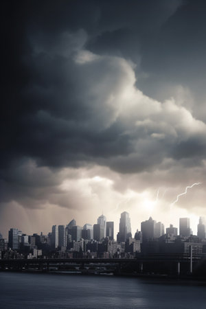 Dark clouds loom over the city skyline as a bank run ensues, with thunder and lightning adding to the tense atmosphere.の素材