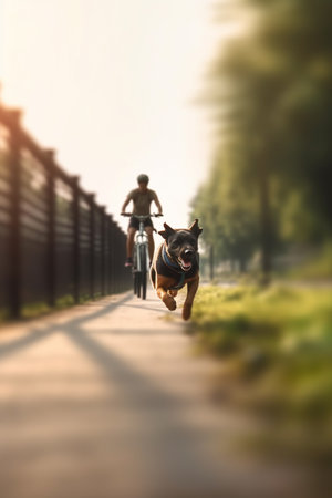A dog running with its owner on a bike path in the city, pure joy on their facesの素材