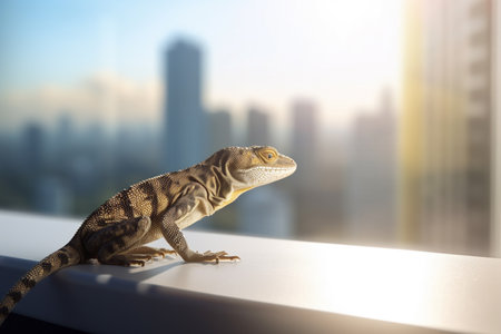 A reptile contemplates the cityscape from a window amidst towering skyscrapers.の素材
