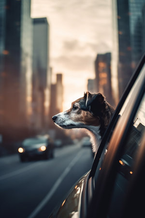 Inquisitive pup catches a glimpse of the big city from behind the car glass.の素材
