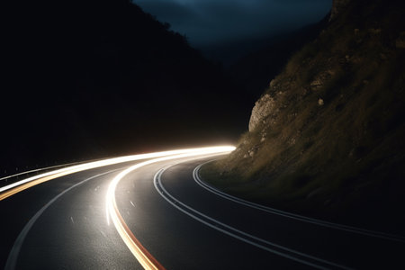 A long exposure shot captures a winding mountain road at night with light trails from passing cars creating a mesmerizing visual effect.の素材