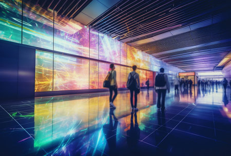This dynamic image captures a bustling scene of people inside a vast exhibition hall. The use of time-lapse photography adds a sense of motion and energy, creating a vivid portrayal of a busy crowd exploring various exhibits and displays.の素材