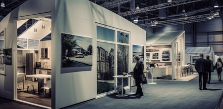 This captivating photograph captures the essence of a business exhibition at an expo, offering a unique study in design and architecture. Employing timelapse photography, the image showcases the evolving landscape of the expo, emphasizing the artistry and innovation that goes into creating these temporary showcases of commerce and creativity.の素材