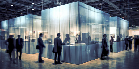 This captivating photograph captures the essence of a business exhibition at an expo, offering a unique study in design and architecture. Employing timelapse photography, the image showcases the evolving landscape of the expo, emphasizing the artistry and innovation that goes into creating these temporary showcases of commerce and creativity.の素材