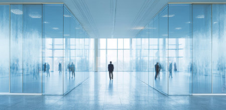 This captivating image captures the dynamic atmosphere at a modern office's large glass doors. The photograph uses intentional blurriness to convey the constant motion of busy individuals entering and exiting the workspace. It portrays the energetic and fast-paced environment that characterizes today's professional world.の素材