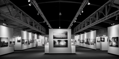 This striking image features an empty exhibition hall transformed into an art gallery, captured in black and white. The absence of people allows the focus to shift to the artwork on display, creating a serene and contemplative atmosphere within the vast space.の素材