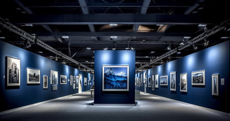 This captivating image showcases an empty exhibition hall adorned with a stunning collection of monochromatic photographs. The use of blue and black & white tones adds depth and contrast to the scene, creating a captivating visual experience. The absence of people in the hall allows viewers to fully immerse themselves in the artistry of the photographs.の素材