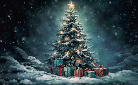 This delightful scene captures the essence of the holiday season, featuring a Christmas tree adorned with festive decorations standing tall in the snow. The base of the tree is surrounded by an abundance of beautifully wrapped presents, creating a heartwarming and joyful atmosphere.の素材