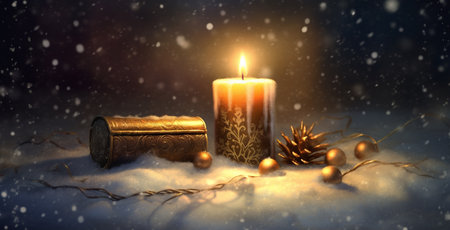A warmly glowing candle, adorned with Christmas decorations, illuminates a snowy landscape while delicate snowflakes fall around it, creating a beautifully wintry scene.の素材