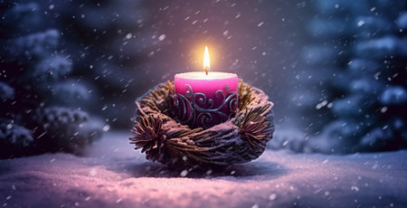 A vibrant pink candle radiates a warm glow amidst Christmas decorations and delicate snowflakes, creating a festive and enchanting holiday ambiance.の素材