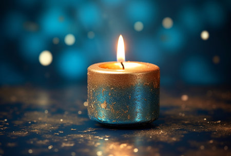 A radiant golden candle, adorned with festive Christmas decorations, set against a serene blue background, evoking a sense of holiday enchantment.の素材
