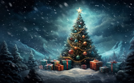 This delightful scene captures the essence of the holiday season, featuring a Christmas tree adorned with festive decorations standing tall in the snow. The base of the tree is surrounded by an abundance of beautifully wrapped presents, creating a heartwarming and joyful atmosphere.の素材