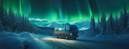 This captivating scene captures the essence of a winter adventure as an RV journeys through the snowy landscape, with the mesmerizing Aurora Borealis painting the night sky above. The juxtaposition of the cozy, mobile home against the ethereal northern lights creates a sense of wonder and wanderlust.の素材