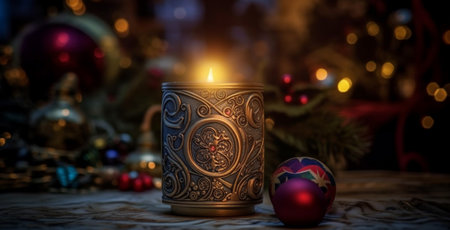 In this charming holiday scene, a burning candle radiates a warm glow as it's adorned with beautiful Christmas ornaments. The flickering flame and festive decorations create a delightful and cozy ambiance, making it the perfect addition to any Christmas celebration.の素材
