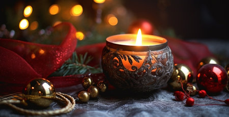A festive scene featuring a glowing candle surrounded by Christmas decorations and twinkling lights, evoking a warm and cozy holiday atmosphere.の素材