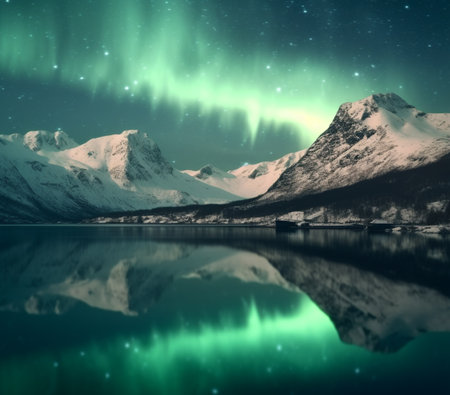 This enchanting image captures the mesmerizing beauty of the Northern Lights, also known as the Aurora Borealis, painting vibrant colors across the night sky above the majestic Norwegian mountains. The natural wonder of this celestial display is a sight to behold.の素材