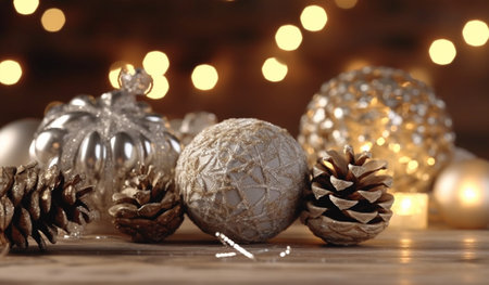 A softly glowing candle placed alongside a festive Christmas ball and pine cones on a rustic wooden table, with mesmerizing bokeh lights in the background, creating a warm and inviting holiday atmosphere.の素材