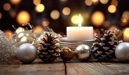 A softly glowing candle placed alongside a festive Christmas ball and pine cones on a rustic wooden table, with mesmerizing bokeh lights in the background, creating a warm and inviting holiday atmosphere.の素材