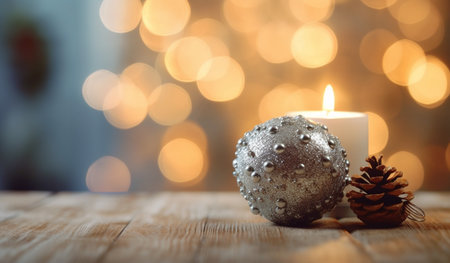 A softly glowing candle placed alongside a festive Christmas ball and pine cones on a rustic wooden table, with mesmerizing bokeh lights in the background, creating a warm and inviting holiday atmosphere.の素材