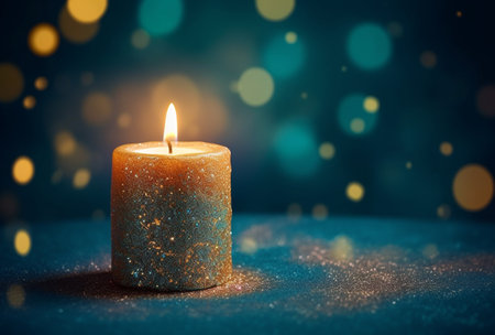 A radiant golden candle, adorned with festive Christmas decorations, set against a serene blue background, evoking a sense of holiday enchantment.の素材