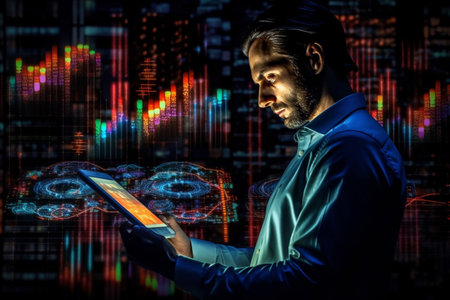 In this neo-traditionalist artwork, a businessman can be seen deeply engrossed in analyzing chart graphs on his tablet during the tranquil night. The juxtaposition of modern technology against the serene night setting creates a visually captivating scene.の素材