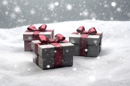 This artistic representation captures the essence of Christmas with beautifully arranged gifts set against a snowy backdrop. The combination of light gray and red hues creates a warm and festive ambiance, making it a perfect depiction of the holiday season.の素材